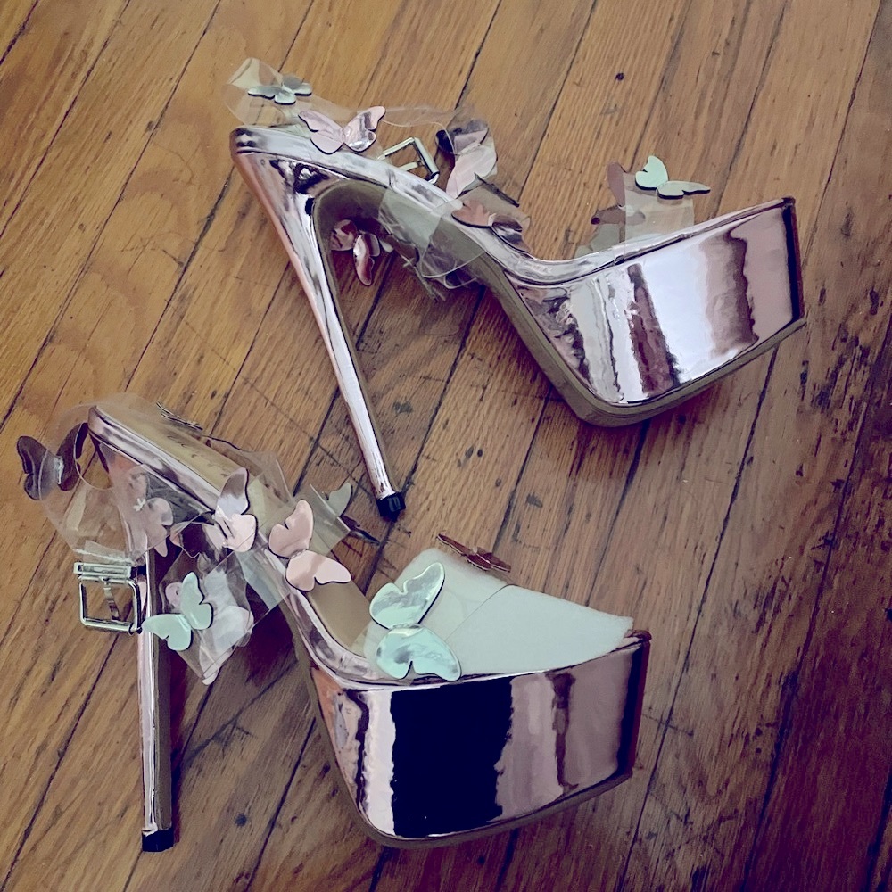 Metallic Pink, Silver, and Clear, High Heel Stilettos with Butterfly Accents.